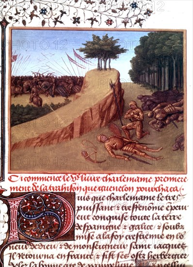 Charlemagne s'agenouille auprès de Roland à Roncevaux