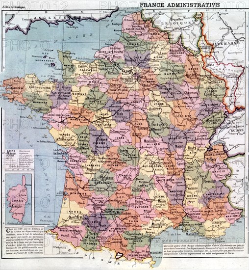 Carte de France des départements amputée de l'Alsace et de la Lorraine,