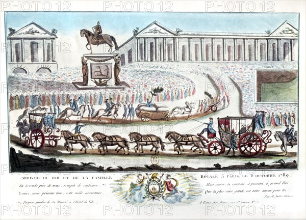 Le cortège royal emmenant le roi Louis XVI, Marie-Antoinette et les enfants royaux traversent la place Louis XV