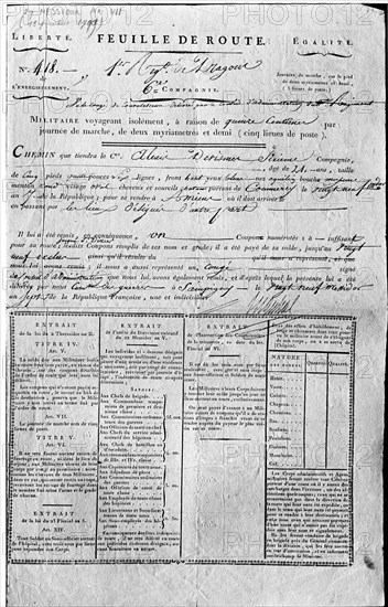 Feuille de route d'un soldat de la 6e compagne du 1er régiment de Dragons, datée du 29 Messidor, An VII