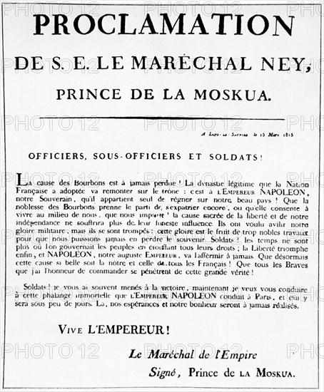 Proclamation du maréchal Ney, prince de la Moskova pour le retour de Napoléon de l'île d'Elbe