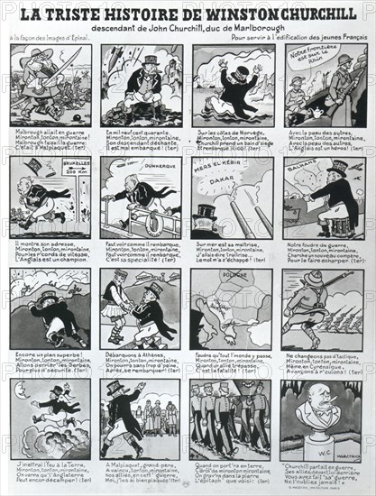 1941. "La triste histoire de Churchill". Image populaire distribuée aux acheteurs de journaux le 20 mai 1941 à Paris.