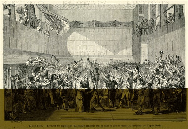 The meeting of the deputies of the National Assembly during the signing of the Tennis Court Oath, in Versailles.