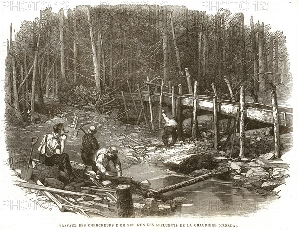 Gold miners working on of the tributaries on the Chaudière. (Canada).