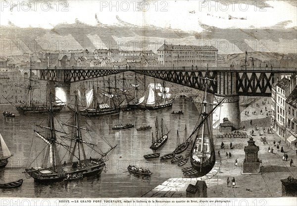 France. Brest. The great swing bridge, linking the suburb of Recouvrance to the Brest district. (1834).