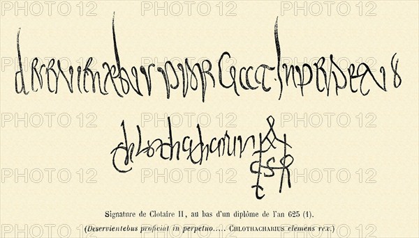 Signature of Chlothar II, at the bottom of a diploma from the year 625.