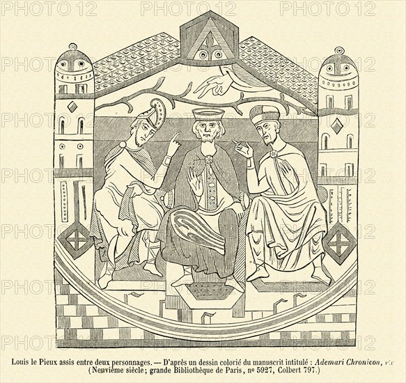 Louis le Pieux assis entre deux personnages.