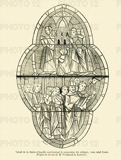 Vitrail de la Sainte-Chapelle représentant des reliques, sous Saint-Louis.