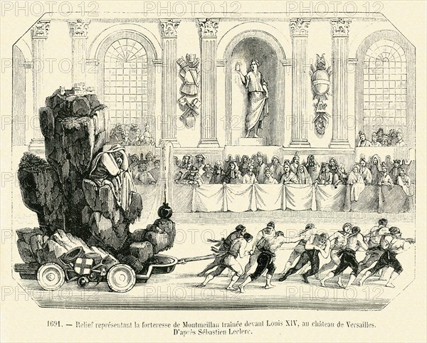 Depiction of the Montmeillan stronghold dragged before Louis XIV, at the Palace of Versailles.