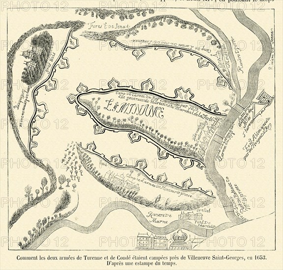 Comment les deux armées de Turenne et de Condé étaient campées près de Villeneuve Saint-Georges, en 1653.