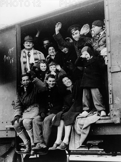WW2. Summer 1944. The residents of Saint-Nazaire being evacuated.