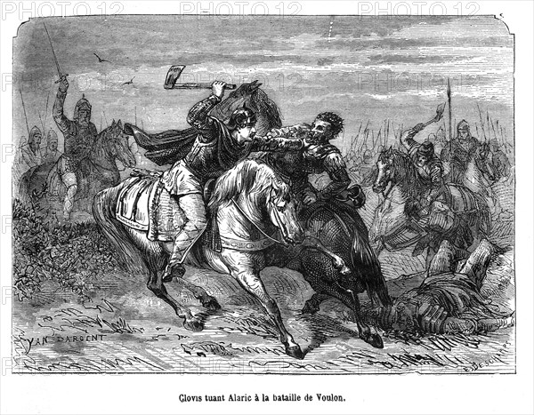 Clovis killing Alaric in the battle of Voulon.