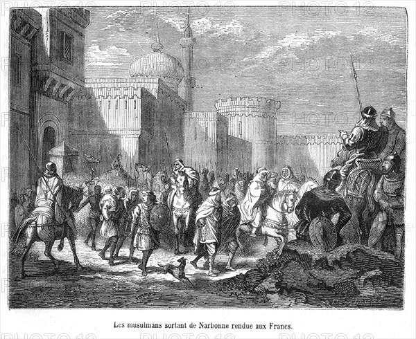 The Muslims leaving Narbonne, surrendering to the Franks.