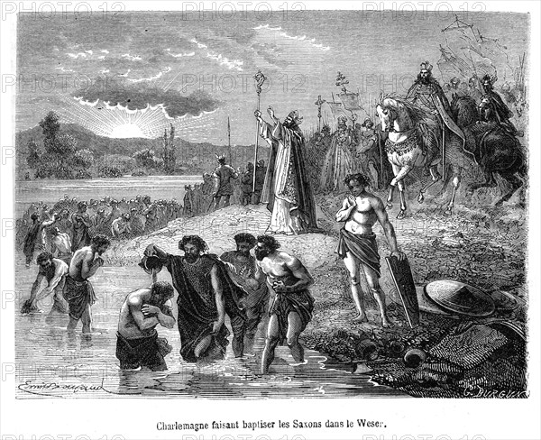 Charles Ist baptising the Saxons in the Weser.