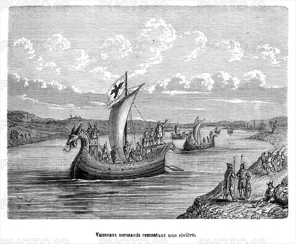 Viking ships travelling up-river.