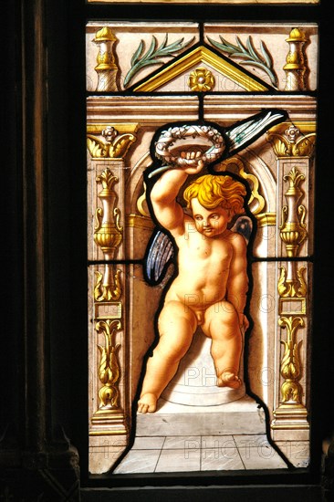 Close up of the stained glass window of angels in the oratory of the queen XIX