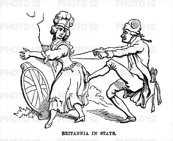 Britannia in Stays. Un révolutionnaire français serre le corset de l'Angleterre. Caricature anglaise.