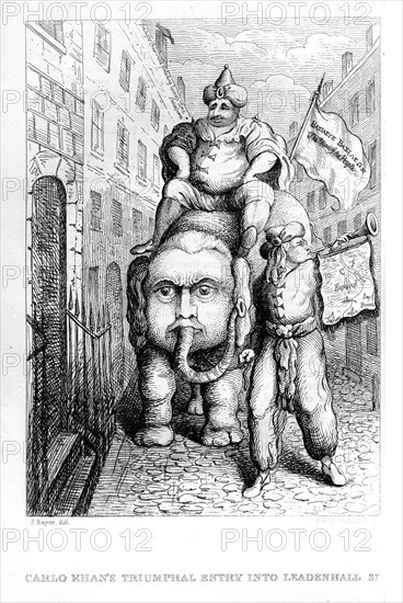 Carlo Khan's triumphal entry into Leadenhall. Entrée triomphale de Carlo Khan dans Leadenhall par James Sayers. Caricature anglaise.