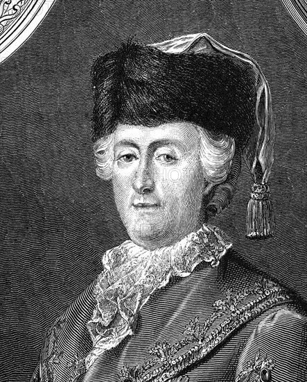 Catherine II (21 avril 1729 à Stettin en Poméranie - 6 novembre 1796 à Saint-Pétersbourg), née Sophie Augusta Fredericka d'Anhalt-Zerbst, surnommée Figchen, puis La Grande Catherine, est impératrice de Russie à partir du 28 juin 1762. Gros plan.