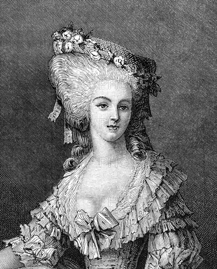 Marie-Thérèse Louise de Savoie-Carignan, plus connue sous le nom de princesse de Lamballe, de son vrai nom : Maria-Teresa di Savoia-Carignano est née à Turin le 8 septembre 1749, le même jour et la même année que Yolande de Polastron, duchesse de Polignac, et morte à Paris le 3 septembre 1792. Elle est issue d'une branche cadette de la famille royale de Piémont et devient membre d'une branche illégitime de la famille royale de France par son mariage en 1767 avec le fils du duc de Penthièvre (lui-même fils d'un batard légitimé de Louis XIV et Mme de Montespan). Gros plan.