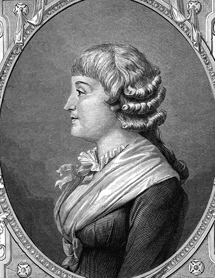 Jeanne Marie ou Manon Philipon, devenue par mariage vicomtesse Roland de la Platière, mais communément appelée Madame Roland, née le 25 mars 1754 à Paris, guillotinée le 8 novembre 1793 à Paris, fut une figure de la Révolution française. Gros plan.