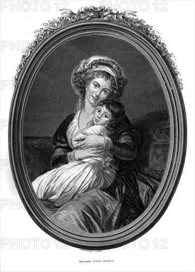 Élisabeth-Louise Vigée Le Brun, née le 16 avril 1755 à Paris et morte le 30 mars 1842 à Louveciennes, est une peintre française, au nombre des plus grands portraitistes de son temps, avec par exemple Quentin de La Tour ou Jean-Baptiste Greuze. Gravure.