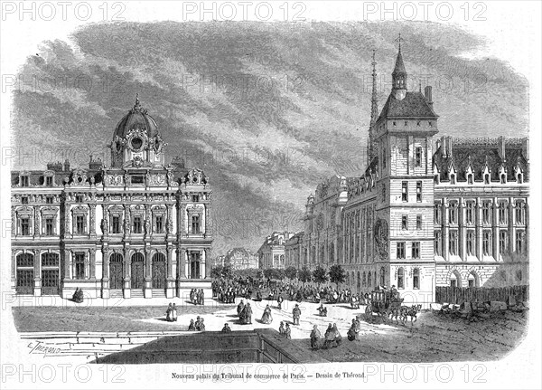 Palais du Tribunal de Commerce de Paris en 1865. Gravure.