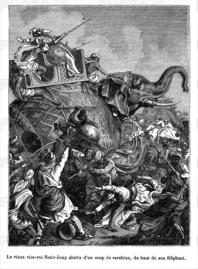 Le vieux vice-roi Nazir-Jung abattu d'un coup de carabine, du haut de son éléphant. En 1748 le Nizam du Deccan est mort. Deux revendicateurs pour le trône paru dans les personnes de Nazir Jung, fils du vieux Nizam, et Mirzapha Jung, un petit-fils. Au sujet du même temps un aventurier, Chunda, Sahib, installé une demande pour le trône du Carnatic contre Anaverdy, Khan, le régnant prince.