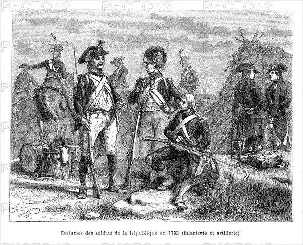 Costumes des soldats de la République en 1793. Infanterie et artillerie.