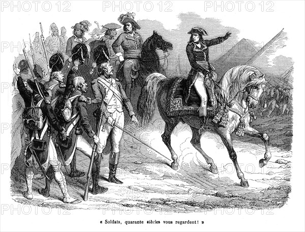 Bonaparte. La bataille des pyramides a lieu le 3 thermidor An VI (21 juillet 1798) entre l'Armée française d'Orient commandée par Bonaparte et les forces Mamelouks commandées par Mourad Bey, lors de la Campagne d'Égypte."Soldats, quarante siècles vous regardent".