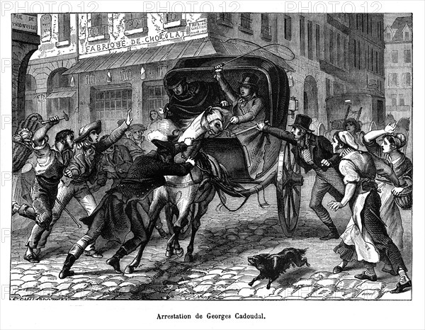 Arrestation de Georges Cadoudal. Georges Cadoudal, (1771-1804), est une figure emblématique de la chouannerie. Son nom est aussi synonyme en Bretagne de la résistance, jusqu’au martyre, au jacobinisme parisien. Son charisme et son intransigeance en font un personnage important de la contre-révolution soutenu indéfectiblement par sa conviction religieuse et la cause royale.