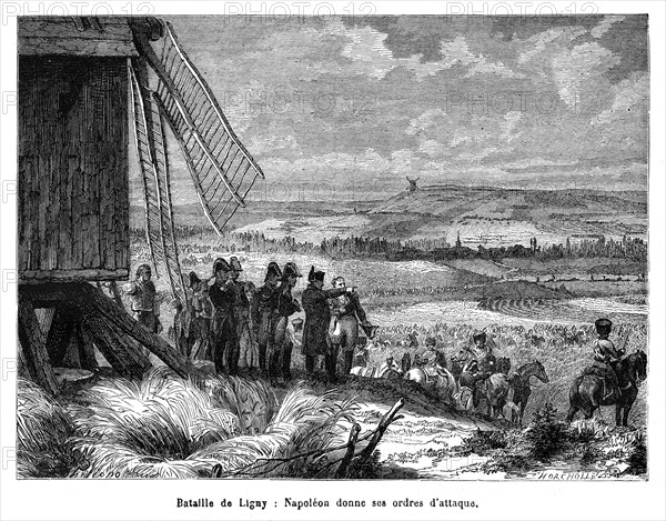 Bataille de Ligny. Napoléon donne ses ordres d'attaque. La bataille de Ligny opposa l'armée prussienne menée par maréchal Blücher à une partie de l'armée française commandée par Napoléon Ier. Elle se déroula le 16 juin 1815 soit deux jours avant la bataille de Waterloo. Ligny fut la dernière victoire de Napoléon.