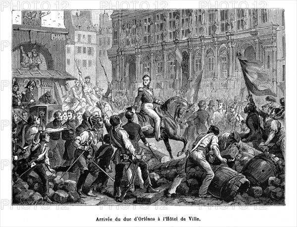 1830. Arrivée du duc d'Orléans à l'Hôtel de Ville. Louis-Philippe, Duc d'Orléans, nommé lieutenant général du Royaume, arrive à l'Hôtel de Ville de Paris, le 31 juillet 1830.
