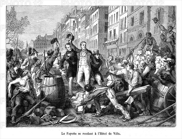 1830. Trois Glorieuses. La Fayette se rendant à l'Hôtel de Ville.