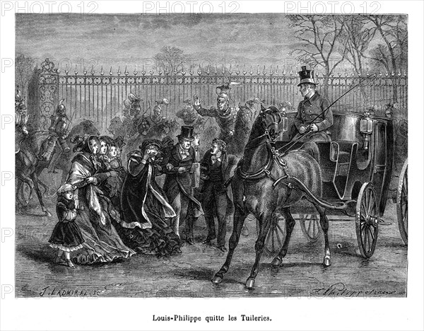 Louis-Philippe quitte les Tuileries. Devant le déroulement de l’insurrection, Louis-Philippe abdique le 24 février 1848 en faveur de son jeune petit-fils « Louis-Philippe II » (son fils et héritier, le prince royal Ferdinand-Philippe, étant mort dans un accident quelques années auparavant). Craignant de subir le même sort que Louis XVI et Marie-Antoinette, il se déguise et quitte Paris. Voyageant dans une voiture banale sous le nom de Mr Smith, il s’enfuit en Angleterre.