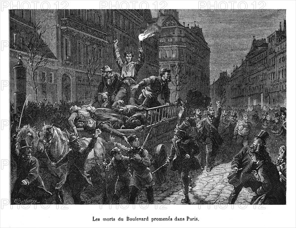 1848. Les morts du Boulevard promenés dans Paris. Les journées de Juin sont une révolte du peuple de Paris du 22 au 26 juin 1848 pour protester contre la fermeture des Ateliers nationaux.