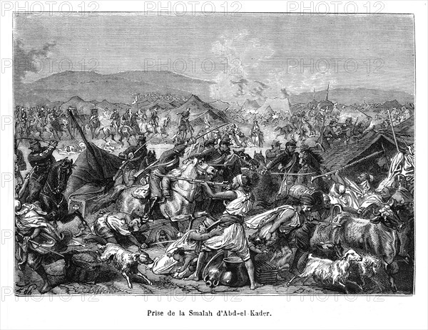 Prise de la smala d'Abd El-Kader ou Abdelkader. L'émir fut refoulé sur les hauts plateaux steppiques avec sa smala, capitale ambulante estimée à 30 000 personnes. Abd El-Kader essuya un grave revers le 16 mai 1843, avec la prise de la smala par le duc d'Aumale dans la région de Boghar.