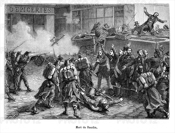 Mort de Jean-Baptiste Alphonse Baudin (1811-1851), né à Nantua (Ain), était un médecin et député à l’Assemblée de 1849, célèbre pour avoir été tué sur une barricade à Paris en 1851.