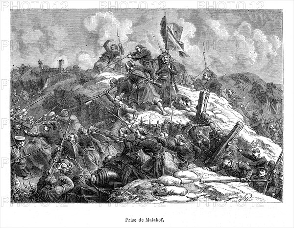 Prise de Malakof. La Bataille de Malakoff, opposa pendant la Guerre de Crimée, les armées françaises et russes le 7 septembre 1855 et fait partie des bataille ayant eu lieu dans le cadre du Siège de Sébastopol. Elle se termina par une victoire française (la France est alors alliée au Royaume-Uni) sous les ordres du Général MacMahon et par la mort des tous les amiraux russes : Pavel Nakhimov, Vladimir Istomin, et Vladimir Kornilov. Le zouave français Eugène Libaut parvint à hisser le drapeau français en haut de la forteresse russe.