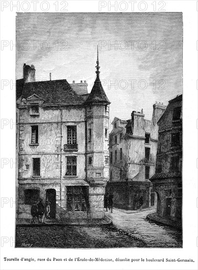 Tourelle d'angle, rues du Paon et de l'Ecole de Médecine, démolie pour le percement du boulevard Saint-Germain. Haussmann.
