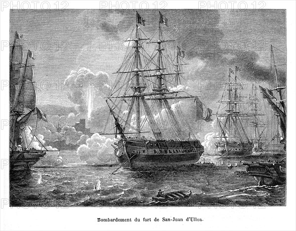 Bombardement du fort de San-Juan d'Ulloa. La Bataille de San Juan de Ulúa a lieu lors de la guerre des Pâtisseries (en espagnol Primera Intervención Francesa en Mexico ou Guerra de los Pasteles) qui fut une invasion du Mexique par les armées françaises en 1838.