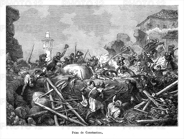 Prise de Constantine. En 1837, l'état-major français décida de mener une seconde expédition, qui fut confiée au général comte de Damrémont. Celui-ci disposait de 20400 hommes, dont 16000 combattants, d'une artillerie importante commandée par le général Valée et d'un corps de génie. Le 5 octobre, cette armée arriva à Constantine. Le 13 octobre, après une forte résistance la ville finit par tomber entre les mains de l'ennemi, qui subit pourtant de lourdes pertes. Hadj Ahmed Bey n'abandonna pas pour autant la lutte, et, ayant réussi à sortir de la ville avec quelques cavaliers, il se rallia des tribus de la région et se dirigea vers les Aurès en passant par Biskra. Il incita les populations de la région à organiser la résistance pour paralyser les mouvements de l'envahisseur. Mais, de plus en plus isolé et affaibli, il se rendit en juin 1848. En résidence surveillée à Alger, il y mourut en 1850.