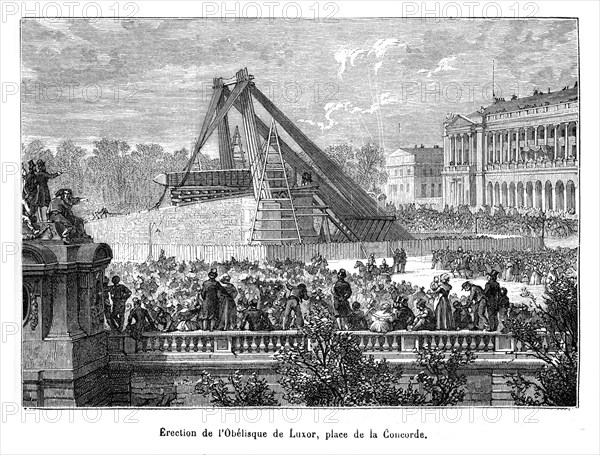 Erection de l'Obélisque de Luxor, place de la Concorde. L'obélisque égyptien de Louxor, vieux de 3 300 ans (-XIIIe siècle), fut transporté en France en 1836, offert par l'Égypte en reconnaissance du rôle du Français Champollion qui a été le premier à traduire les hiéroglyphes. Le roi Louis-Philippe le fit placer au centre de la place lors son l'aménagement par l'architecte Hittorff. Haut de 22,86 mètres, le monolithe, en granite rose de Syène, pèse 227 tonnes. Il est érigé sur un socle de 9 mètres et est coiffé d'un pyramidion doré de plus de trois mètres et demi. Les hiéroglyphes qui le recouvrent célèbrent la gloire du pharaon Ramsès II.
L'obélisque se situe sur la ligne de l'axe historique de Paris qui va de l'Arc de Triomphe du Carrousel à l'Arche de la Défense en passant par le jardin des Tuileries et l'avenue des Champs-Élysées. L'obélisque est aussi un cadran solaire, grâce à des lignes tracées au sol.