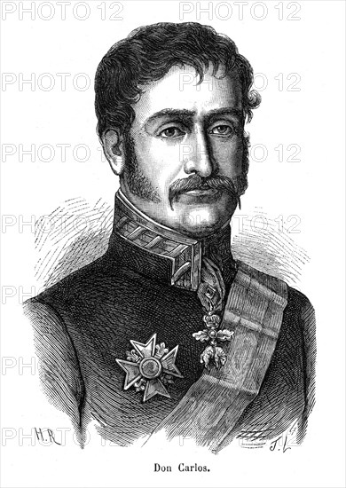 Don Carlos. Charles Marie Isidore Benoît de Bourbon (en castillan : Su Alteza don Carlos María Isidro Benito de Borbón y de Borbón) était né le 29 mars 1788, infant d'Espagne, prétendant au trône d'Espagne, mort le 10 mars 1855.