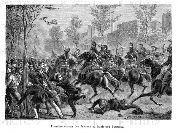 1832. Première charge des dragons au boulevard Bourdon. Les manifestants se transforment en insurgés, et la violence éclate lorsqu’un second détachement de dragons sort de la caserne et charge la foule. Une barricade se monte en haut du boulevard Bourdon. Dans un premier temps, les dragons, mis en échec, se replient par la rue de la Cerisaie et la rue du Petit-Musc.