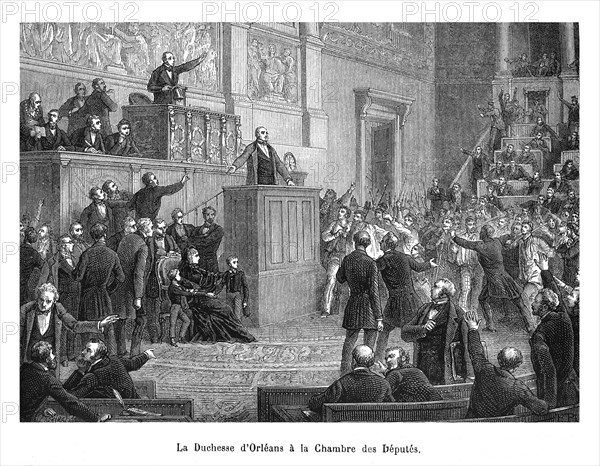 La duchesse d'Orléans et ses enfants à la Chambre le 24 février 1848. Louis-Philippe voulait règner sous le nom de Philippe VII. Cette position est défendue avec ardeur par la duchesse d'Orléans et soutenue par les doctrinaires, partisans de la continuité entre la Restauration et la monarchie de Juillet (V. supra). Mais elle est rejetée par les révolutionnaires modérés et, a fortiori, par les républicains. Ceux-ci obtiennent gain de cause, grâce à l'appui de La Fayette : le nouveau roi portera donc le nom de Louis-Philippe Ier.
