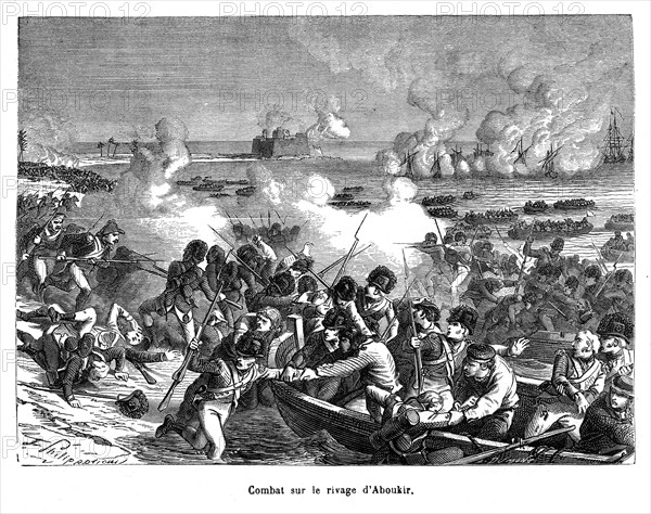 Combat sur le rivage d'Aboukir. La bataille d’Aboukir eut lieu le 1er août 1799 entre l'Armée française d'Orient et les Turcs ottomans en Égypte. Le général Napoléon Bonaparte y remporte une victoire sur l'Empire ottoman.