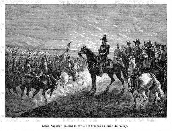 Louis-Napoléon passant en revue des troupes au camp de Satory. Charles Louis Napoléon Bonaparte, prince français à sa naissance, dit Louis-Napoléon Bonaparte (20 avril 1808 - 9 janvier 1873), est le premier président de la République française, élu le 10 décembre 1848 avec 74 % des voix au suffrage universel masculin, ainsi que le troisième empereur des Français (1852-1870) sous le nom de Napoléon III. Il est donc à la fois le premier président de la République française et le dernier monarque français.