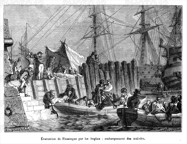 Evacuation de Flessingue par les Anglais: embarquement des malades. En 1809, au cours des guerres napoléoniennes, les troupes anglaises ont débarqué sur l'île de Walcheren et Flessingue a été assiégée. Le 10 août, les assailants ont commencé les canonnages légers ; deux jours plus tard, les canonnages lourds ont suivi : 1 100 canons ont été utilisés. Beaucoup de bâtiments ont été détruits : le plus connu d'entre eux est l'hôtel de ville sur la grand place.