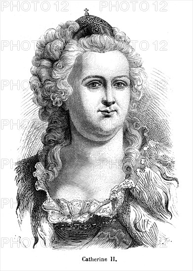 Catherine II (21 avril 1729 à Stettin en Poméranie - 6 novembre 1796 à Saint-Pétersbourg), née Sophie Augusta Fredericka d'Anhalt-Zerbst surnommée Figchen, puis La Grande Catherine, est impératrice de Russie à partir du 28 juin 1762.